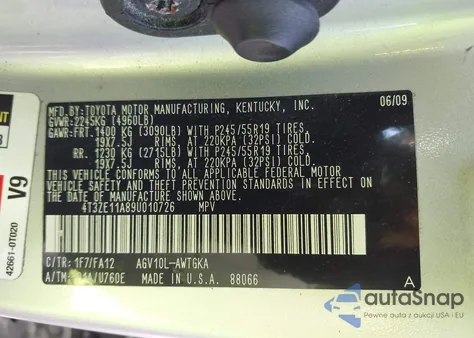 2009 Toyota Venza из США, поврежденный, VIN 4T3ZE11A89U010726